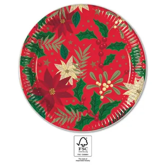 Karácsonyi Holly Poinsettia papírtányér 8 db-os 23 cm FSC