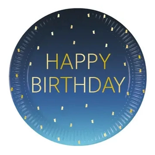 Happy Birthday Golden Blue papírtányér 8 db-os 23 cm FSC