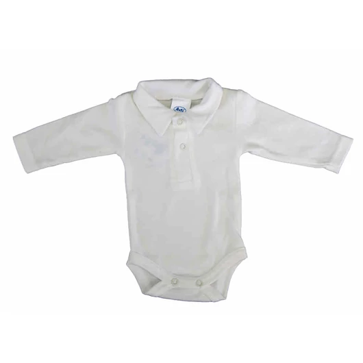 Egyszínű, elöl patentos, gallétos hosszú ujjú baba body-kombidressz.